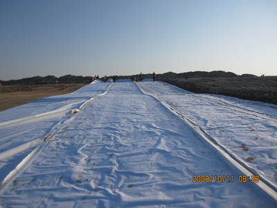 土工膜鋪設現(xiàn)場